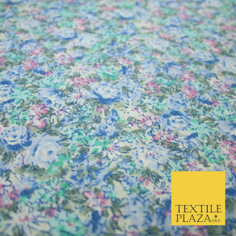 Blue Pink Floral Rose Sketch Printed Polycotton Fabric Dress Craft 44" 5171