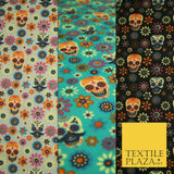 Mexican Ornate Floral Skulls Printed Polycotton Dress Craft Fabric 44" 3 COLOURS