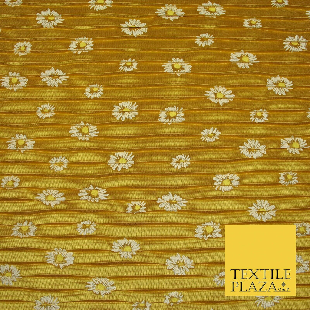 Mustard Gold White Daisy Floral Printed Pleated Plisse Satin Dress Fabric 5402