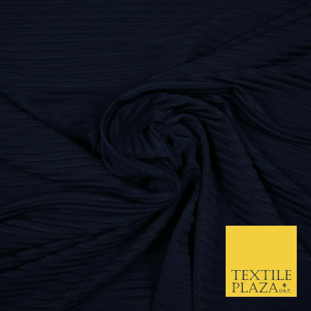 Midnight Blue Pleated Crinkle Stretch Striped Plisse Jersey Dress Fabric 5396