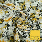 White Orange Flying Butterfly Printed Pleated Plisse Satin Dress Fabric 58" 5397