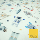 Space Robots Astronaut Stars Rockets Digital Print 100% Cotton Fabric 58" 5411