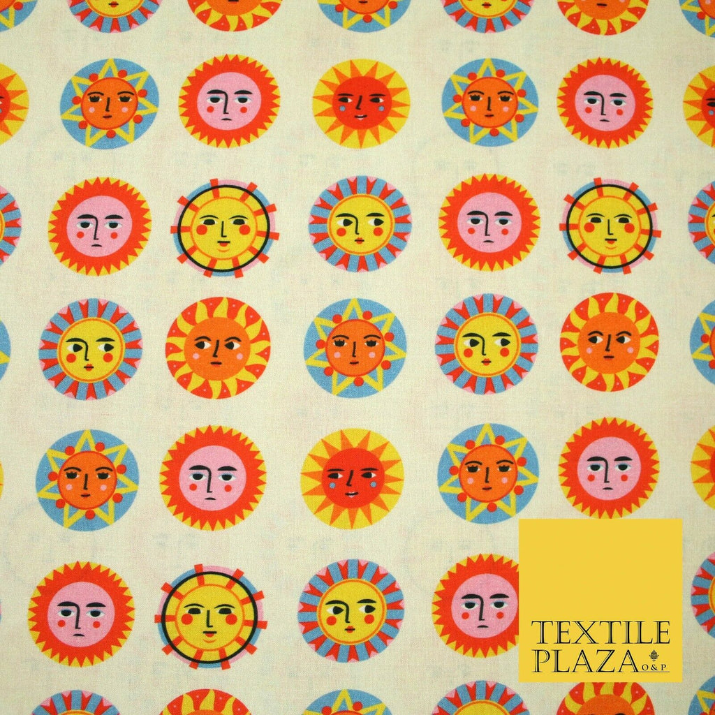 Beige Artsy Colourful Sunshine Faces Digital Print 100% Cotton Fabric 58" 5412