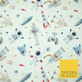 Space Robots Astronaut Stars Rockets Digital Print 100% Cotton Fabric 58" 5411