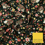 Black Cute Floral Hedgehogs Flowers Digital Print 100% Cotton Fabric 58" 5420