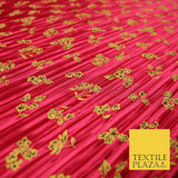 Cerise Pink Gold Oriental Floral Printed Pleated Plisse Satin Dress Fabric 5444