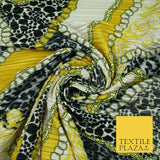 White Yellow Black Ornate Leopard Print Chains Pleated Plisse Satin Fabric 5447