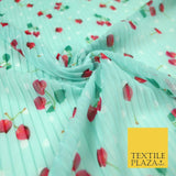 Mint White Falling Fruity Red Cherries Spotted Pleated Plisse Georgette Fabric