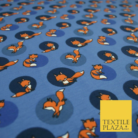 Denim Blue Spotlight Foxes Printed Soft Organic Cotton Jersey Fabric 59" 5474