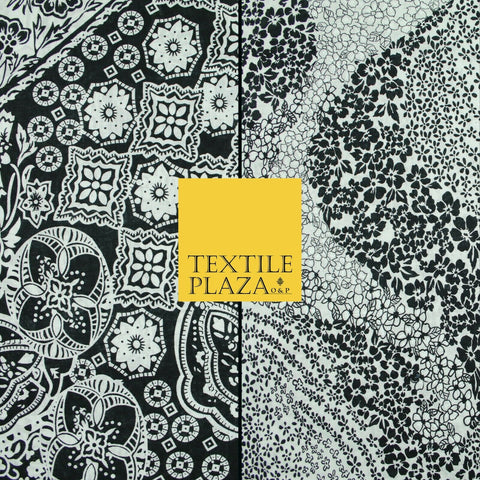 Black White Monotone Ornate Tribal Floral 100% Cotton Lawn Print Dress Fabrics