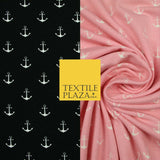 Black Pink Nautical Anchor Printed Soft Organic Cotton Jersey Stretch Fabric 59"