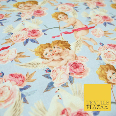 Baby Blue Cupid Love Cherub Doves Floral Digital Print 100% Cotton Fabric 5502