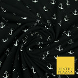 Black Pink Nautical Anchor Printed Soft Organic Cotton Jersey Stretch Fabric 59"