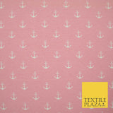 Black Pink Nautical Anchor Printed Soft Organic Cotton Jersey Stretch Fabric 59"