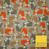 Grey Orange Cheeky Foxes Animal Brushed Cotton Winceyette Fabric Flannel 5528