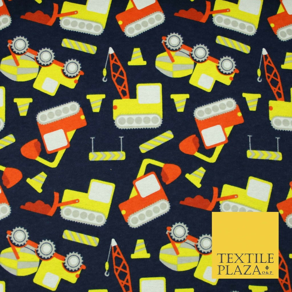 Navy Blue Construction Lorry Kids Brushed Cotton Winceyette Fabric Flannel 5517
