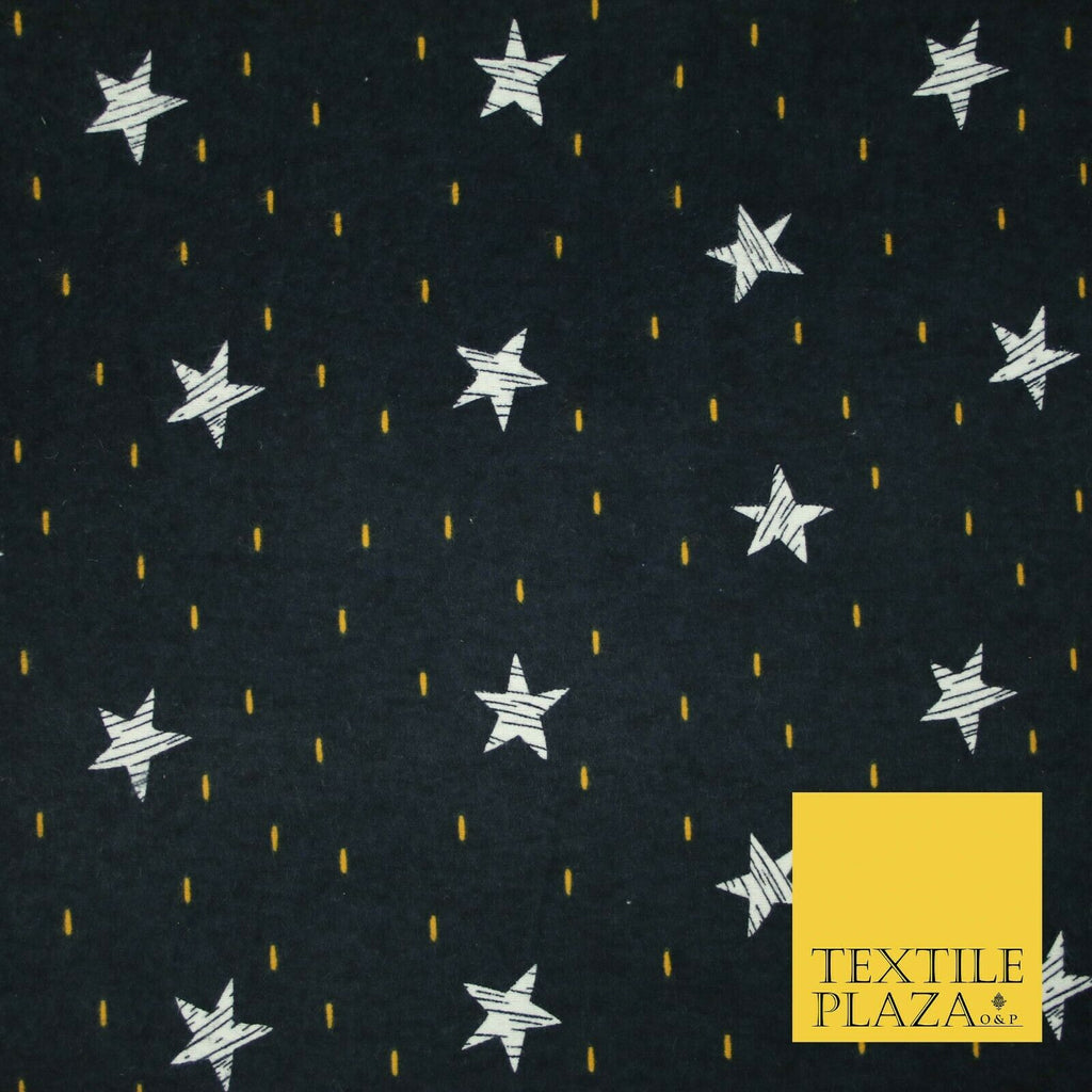 Navy Blue Sketch Stars Yellow Dash Brushed Cotton Winceyette Fabric Flannel 5531