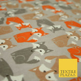 Grey Orange Cheeky Foxes Animal Brushed Cotton Winceyette Fabric Flannel 5528