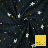 Navy Blue Sketch Stars Yellow Dash Brushed Cotton Winceyette Fabric Flannel 5531