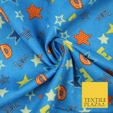 Turquoise Alphabet Stars Stripes Brushed Cotton Winceyette Fabric Flannel 5518