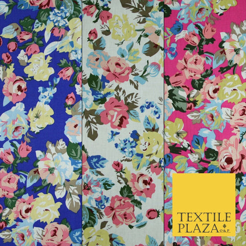 Rose Floral Bunch Printed 100% Cotton Poplin Summer Dress Fabric Material 59"
