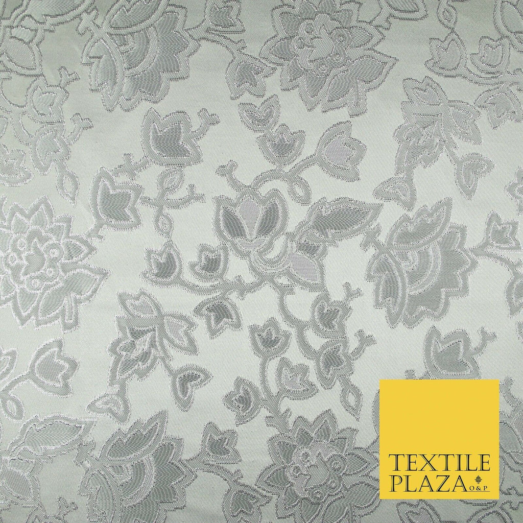 Silver Ornate Floral Outline Satin Metallic Brocade Dress Fabric Fancy 58" 6002