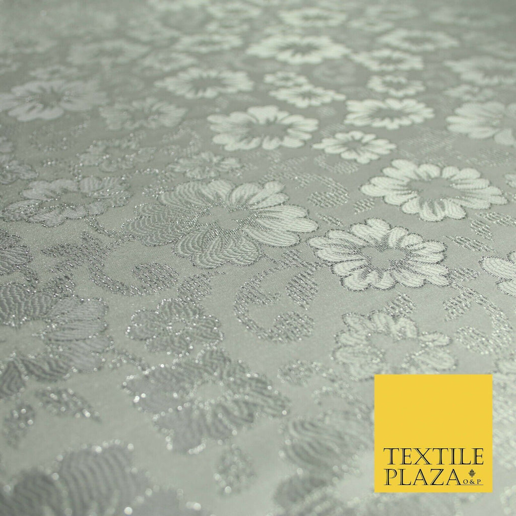 Silver Ornate Floral Scroll Satin Metallic Brocade Dress Fabric Fancy 58" 6003
