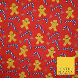 Festive Gingerbread Men Candy Cane Snow Christmas Printed Polycotton Fabric 45"