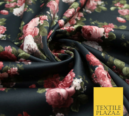 Black / Dusty Pink Floral Cluster Print Scuba Crepe Fabric Stretch Jersey 6360