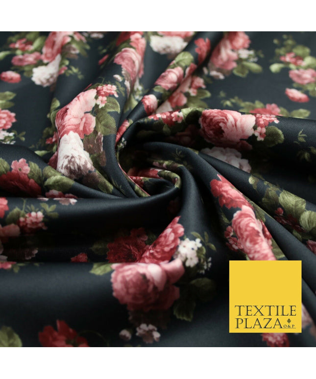 Black / Dusty Pink Floral Cluster Print Scuba Crepe Fabric Stretch Jersey 6360