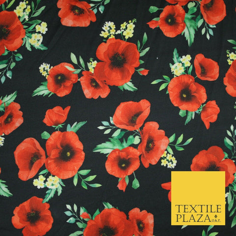 Black with Red Carnation Floral Print Scuba Crepe Fabric Stretch Jersey 6359