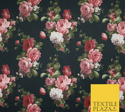 Black / Dusty Pink Floral Cluster Print Scuba Crepe Fabric Stretch Jersey 6360