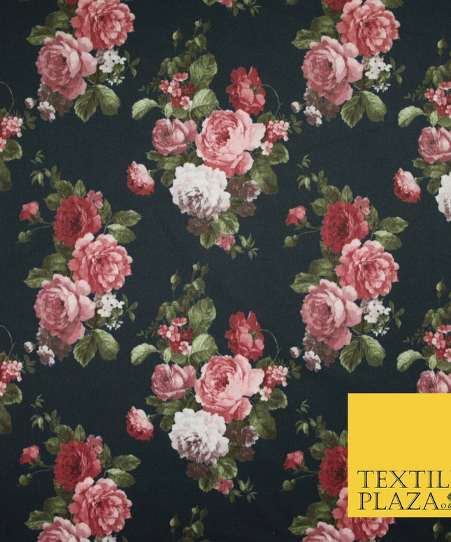 Black / Dusty Pink Floral Cluster Print Scuba Crepe Fabric Stretch Jersey 6360