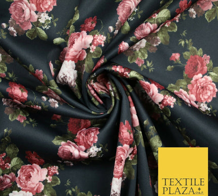 Black / Dusty Pink Floral Cluster Print Scuba Crepe Fabric Stretch Jersey 6360