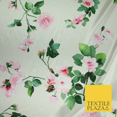 PREMIUM Oyster Floral Pink Roses Silky SATIN Print Crepe Dress Fabric 60" 6363