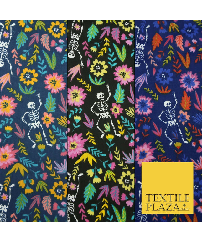 Dancing Skeletons Day of the Dead HALLOWEEN Printed Polycotton Fabric 45" Wide
