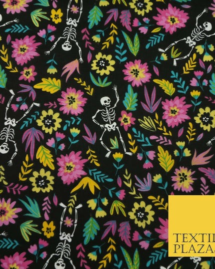 Dancing Skeletons Day of the Dead HALLOWEEN Printed Polycotton Fabric 45" Wide