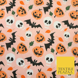 HALLOWEEN Scary Cheeky Pumpkins Bats Skulls Printed Polycotton Fabric 45" 6371