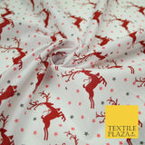Festive Prancing Reindeers Stags Stars Printed Poly Cotton Fabric Polycotton 45"
