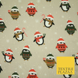 Festive Christmas Cosy Penguins Snowy Printed Poly Cotton Fabric Polycotton 45"