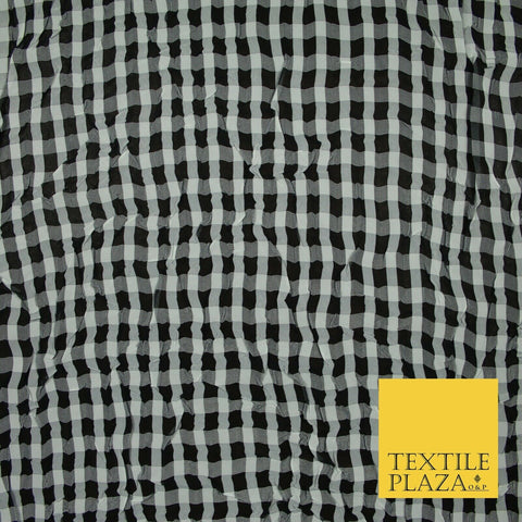Black / White Creased Crushed Gingham Georgette Crinkle Fabric Craft Dress 6388