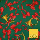 Christmas Festive Green Red Gold Bows Horn Bi-Stretch Fabric Tablecloth 58" 6385