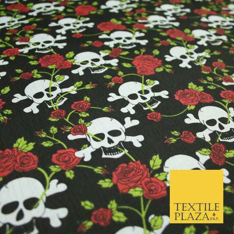 Black Skull & Cross Bones Roses Pirate Halloween Printed Polycotton Fabric 6474