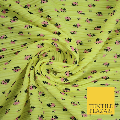 Lemon & Pink Mini Floral Print Pleated Plisse Satin Stretch Dress Fabric 6478