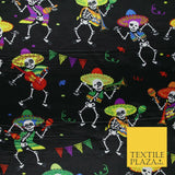 Black Dancing Skeleton Mexican Halloween Printed Satin Dress Fabric 58" 6499