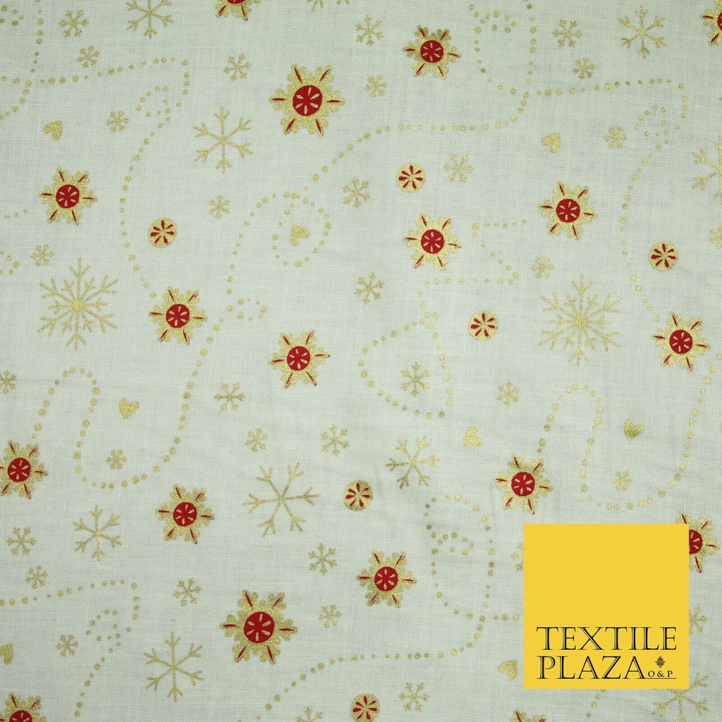 Festive Ivory Gold Snowflake Hearts Christmas Winter 100% Cotton Fabric 58" 6501