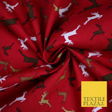 Festive Christmas Dancing Reindeers Printed 100% Cotton Poplin Fabric Craft 6502