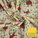 Christmas Tree Santa Gifts Reindeer Printed Poly Cotton Fabric Polycotton 45"