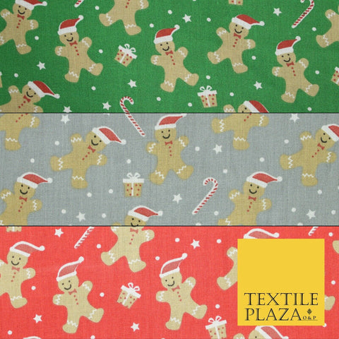 3 COLOURS Festive Gingerbread Men Santa Hat Christmas Printed Polycotton Fabric