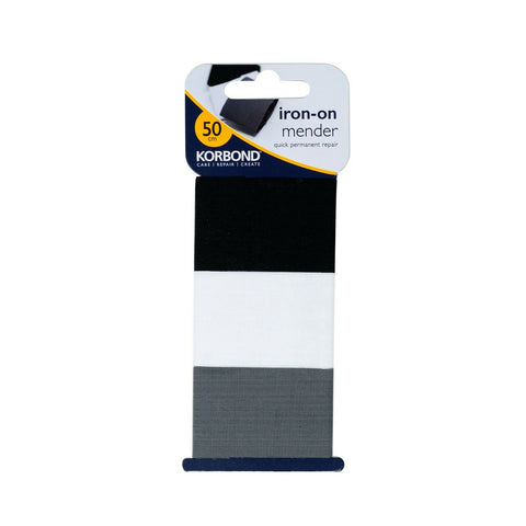 KORBOND 3.8cm x 50cm 3 Pack Black, White & Grey Iron On Mender Tape Patch 110084